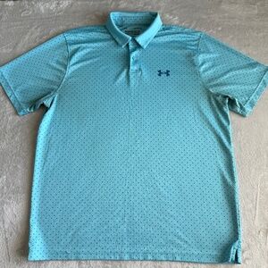Under Armour Performance Polo Mens Golf Polo Size Large Teal Blue Polka Dot